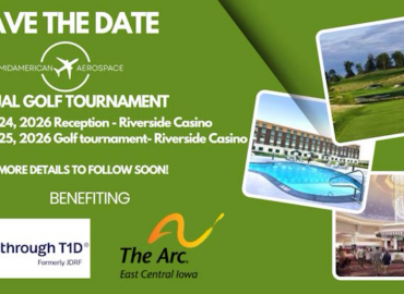 A brochure-link banner depicting the MAA Golf 4 Charities event dates and time (September 24th-25th). along with the logos of the supported charities: The Arc of Eastern Iowa, and Breakthrough T2D.