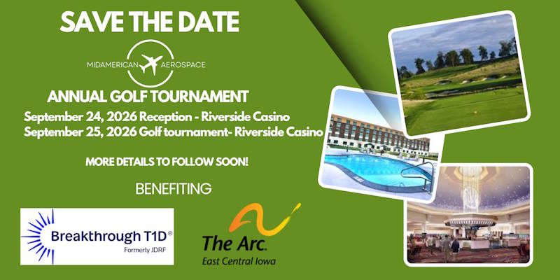 A brochure-link banner depicting the MAA Golf 4 Charities event dates and time (September 24th-25th). along with the logos of the supported charities: The Arc of Eastern Iowa, and Breakthrough T2D.